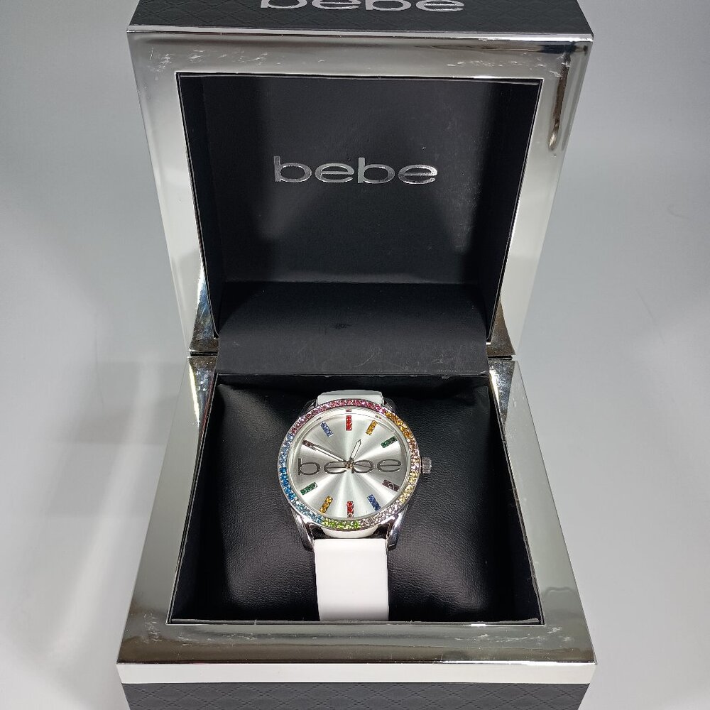 Bebe Women's Watch Silver Dial Crystal's On Bezel Silicone Band New Battery